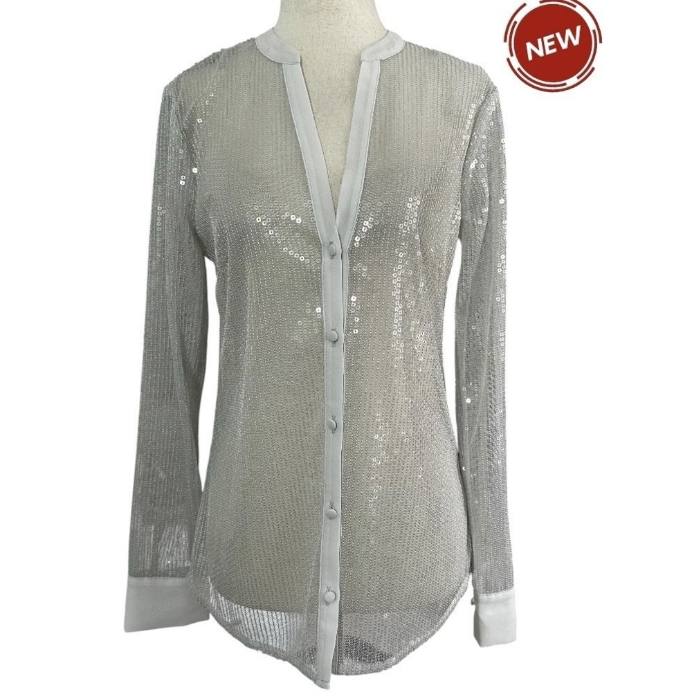 White House Black Market Sequin Sheer Unlined Blouse Light Gray Size XXS | 65-10